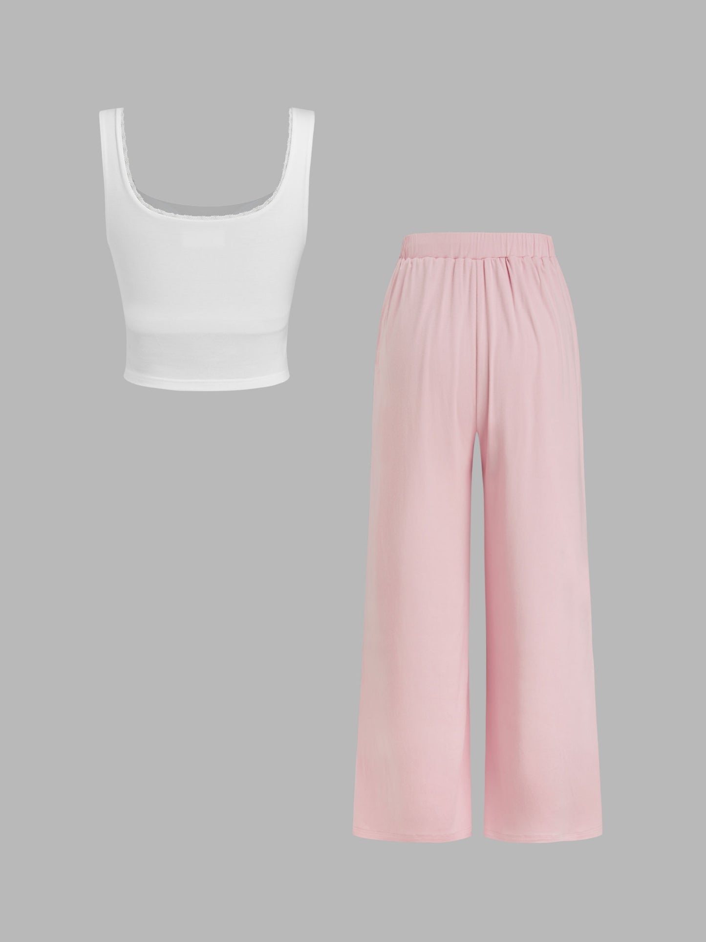 Neck Bowknot Lace Trim Crop Tank Top & Mid Rise Drawstring Wide Leg Trousers Loungewear Set