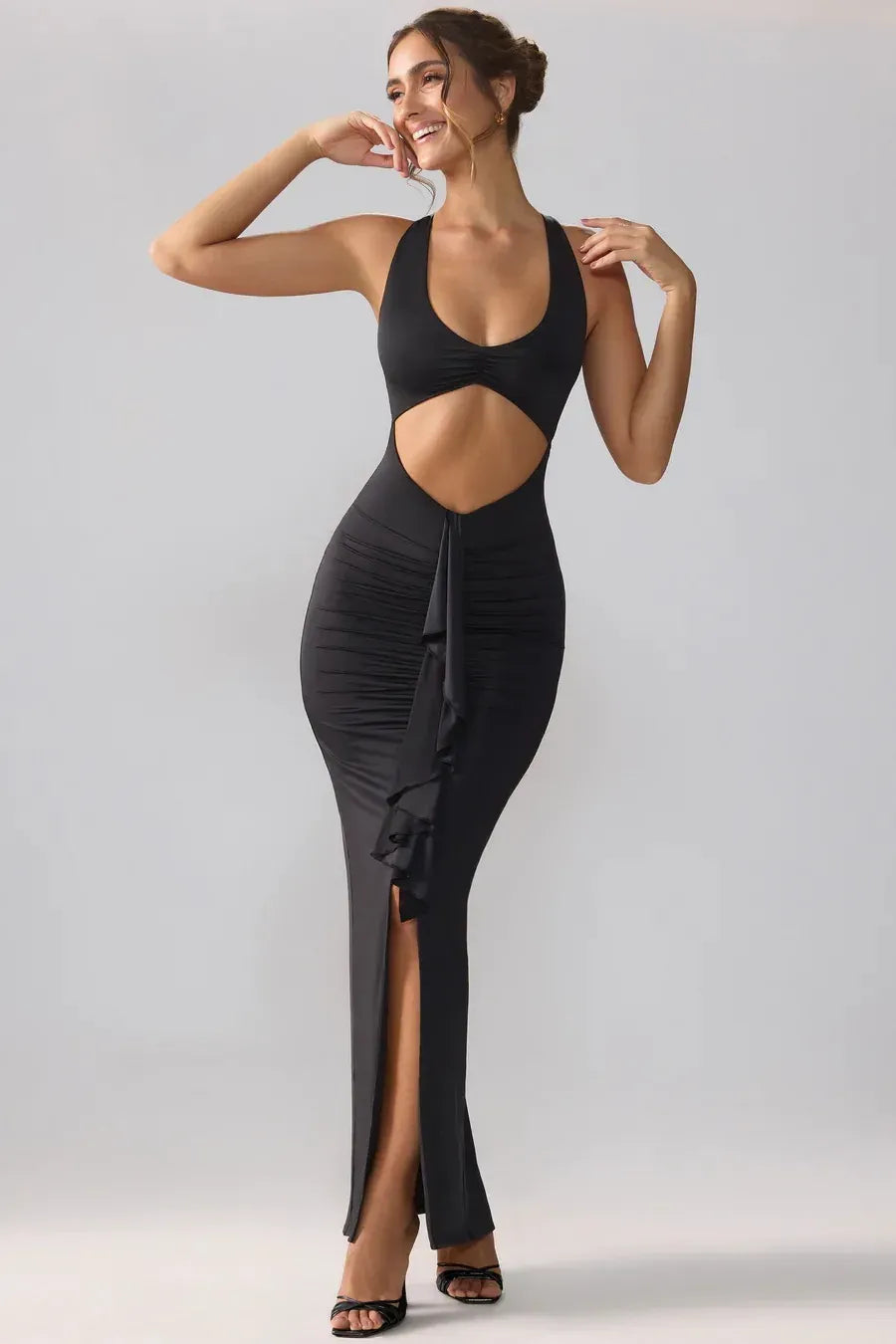 Slinky Jersey Cut Out Ruffle Racerback Maxi Dress