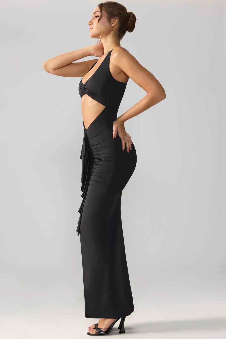 Slinky Jersey Cut Out Ruffle Racerback Maxi Dress
