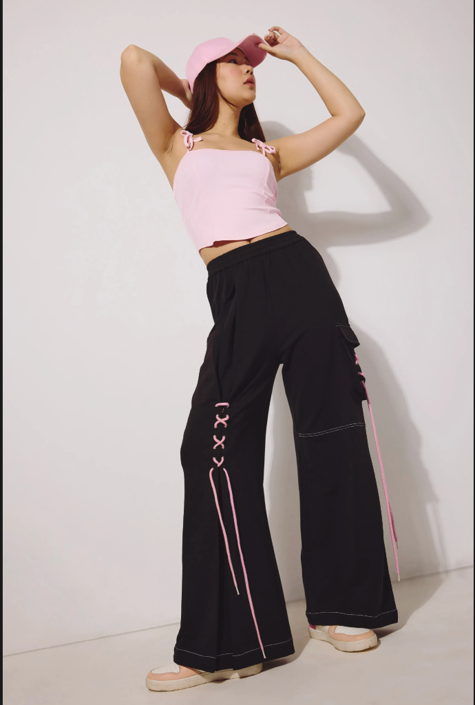 Black Contrast String Detailed Trousers