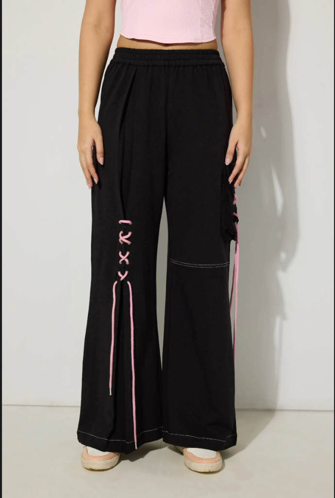 Black Contrast String Detailed Trousers