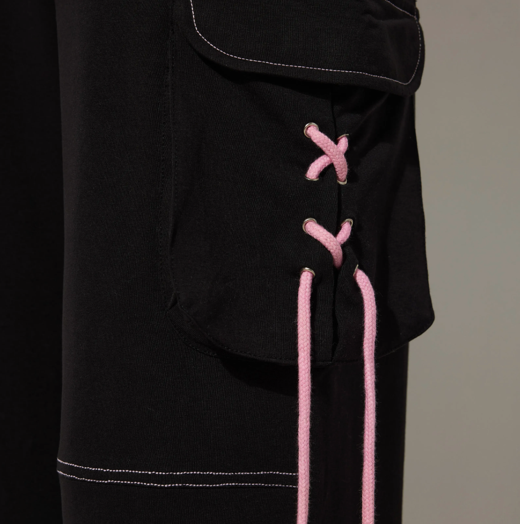 Black Contrast String Detailed Trousers