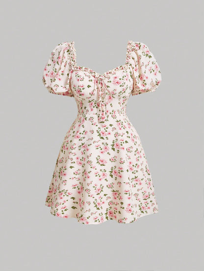 Ditsy Floral Print Frill Trim Knot Front Puff Sleeve Dress