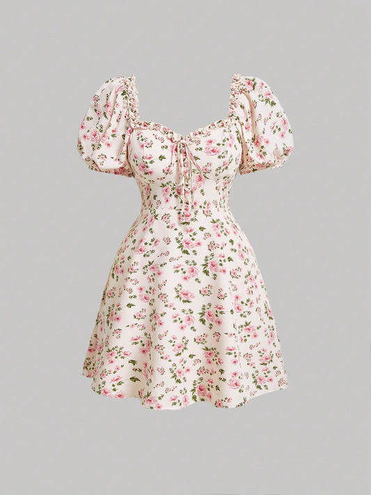 Ditsy Floral Print Frill Trim Knot Front Puff Sleeve Dress