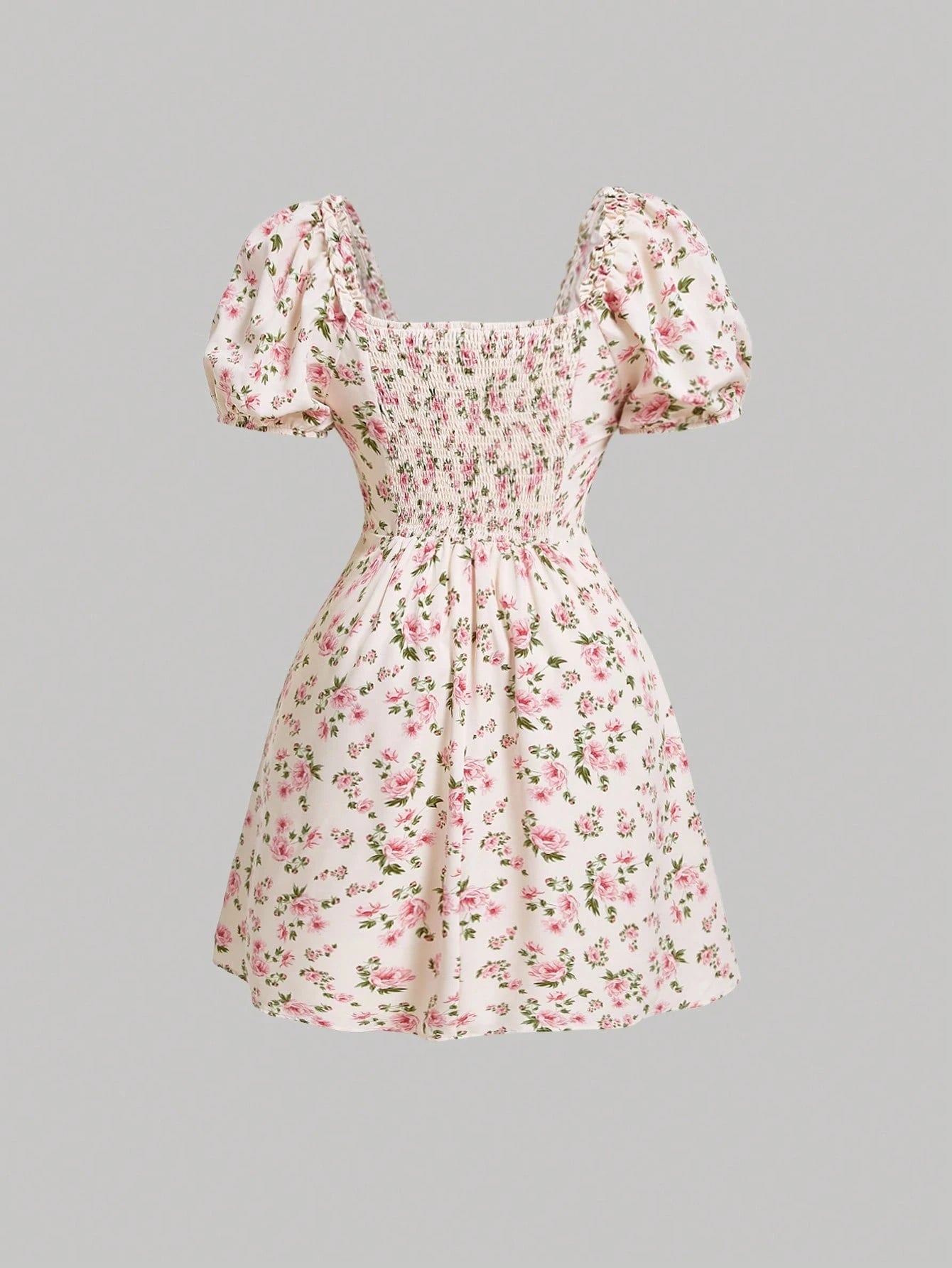 Ditsy Floral Print Frill Trim Knot Front Puff Sleeve Dress
