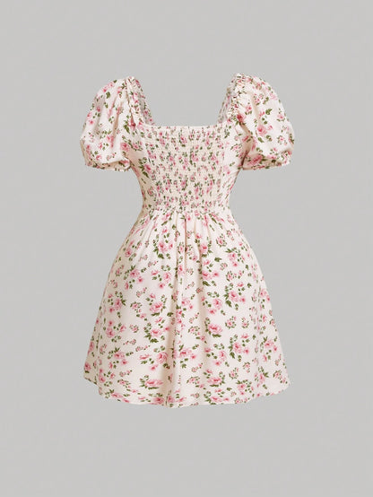 Ditsy Floral Print Frill Trim Knot Front Puff Sleeve Dress