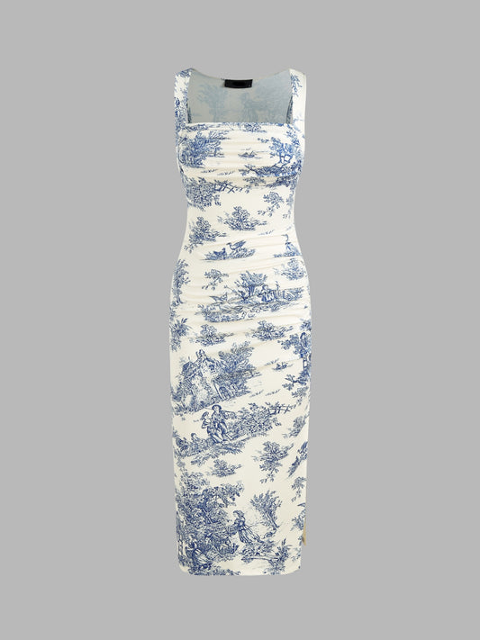 Pattern Ruched Split Maxi Dress