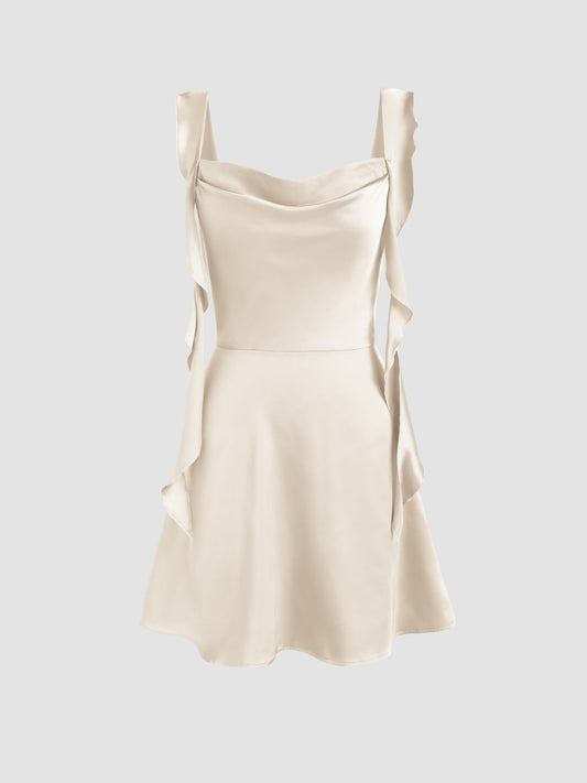 Cream Ruched Ruffle Hem Mini Dress