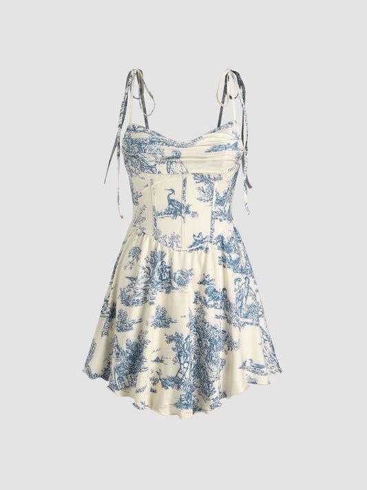 Cowl Neck Corset Knotted Ruffle Mini Dress