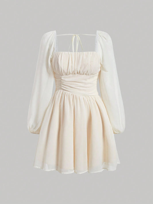 Ruched Bust Tie Back Lantern Sleeve Dress