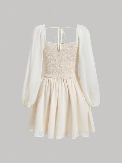 Ruched Bust Tie Back Lantern Sleeve Dress