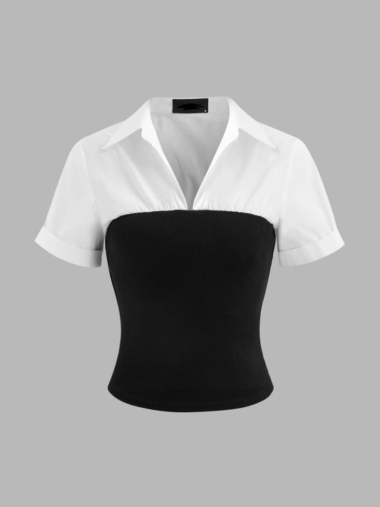 Collar Two Tone Patchy Short Sleeve Shirt