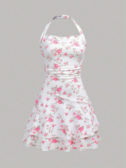 White Elegant Floral Print V-Neck Pleated Layered Waist Tie Dress