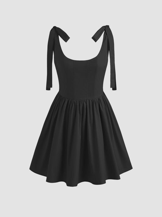 Scoop Neckline Solid Knotted Ruffle Mini Dress