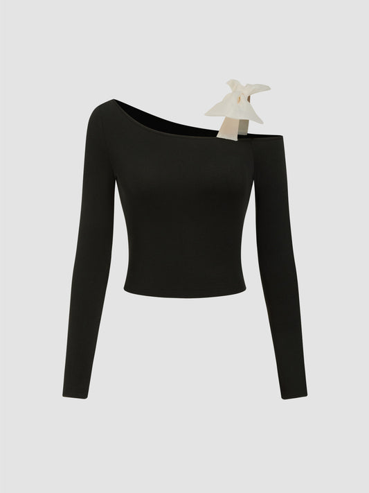 Asymmetrical Neck Bowknot Long Sleeve Top