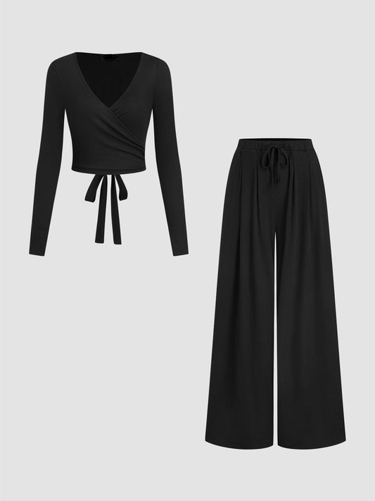 Set of 2-Black Knotted Top With High Rise Trouser