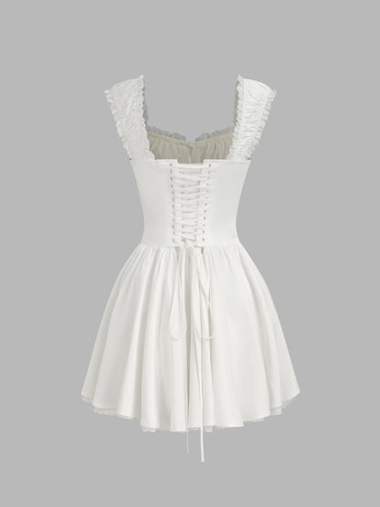 Sweetheart Lettuce Trim Ruffle Knotted Mini Dress