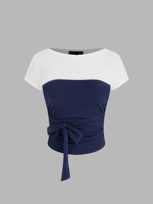 Boat Neck Tee & Ruched Knotted Bandeau Top