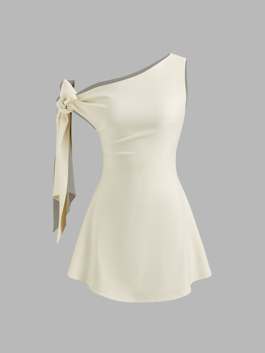 Cream Asymmetrical Neck Knotted Mini Dress