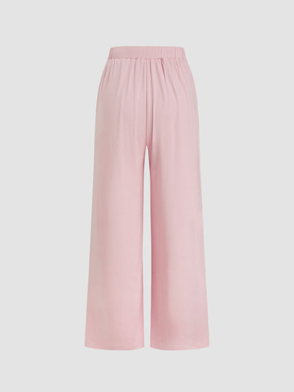 Neck Bowknot Lace Trim Crop Tank Top & Mid Rise Drawstring Wide Leg Trousers Loungewear Set