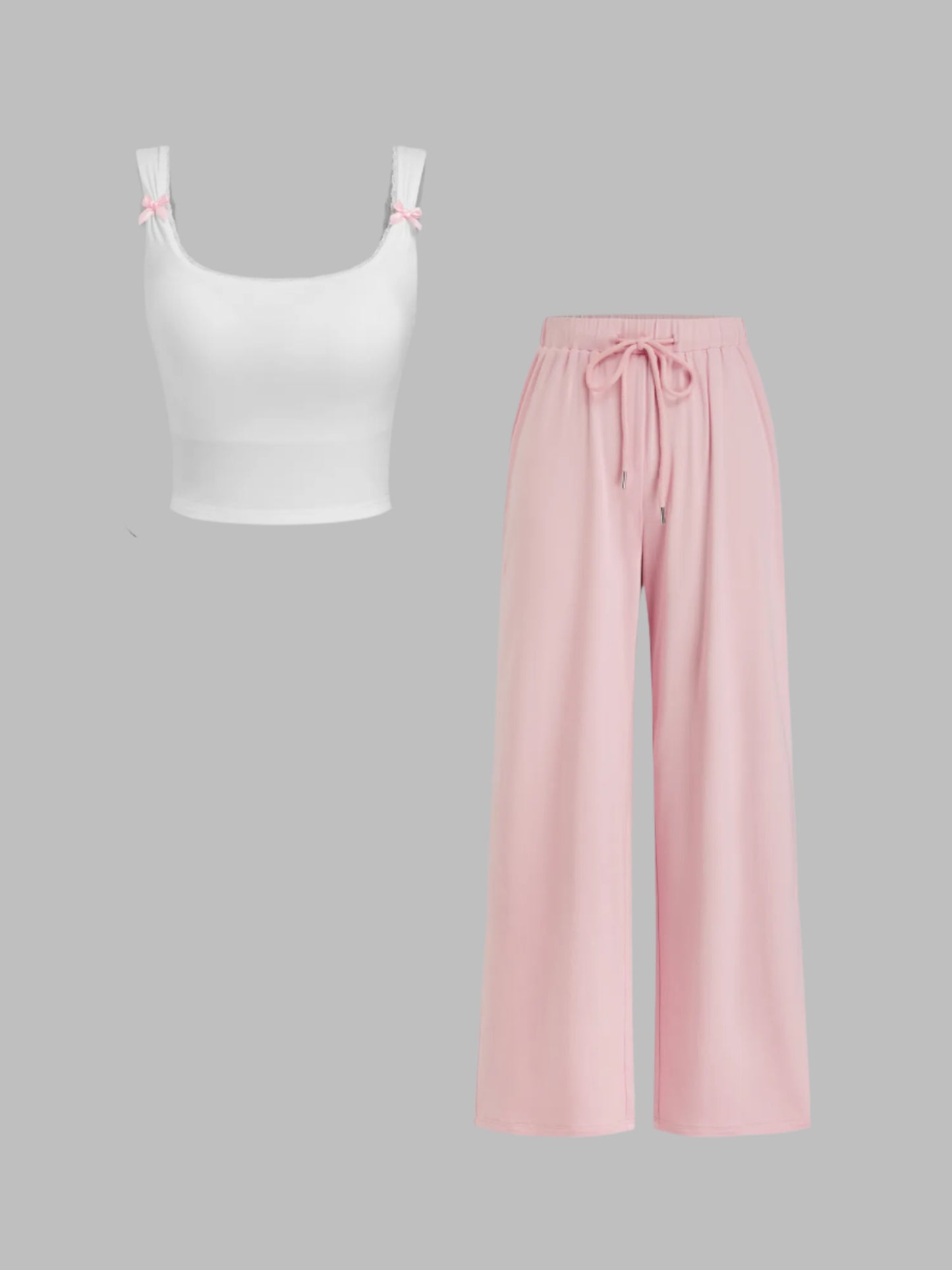 Neck Bowknot Lace Trim Crop Tank Top & Mid Rise Drawstring Wide Leg Trousers Loungewear Set