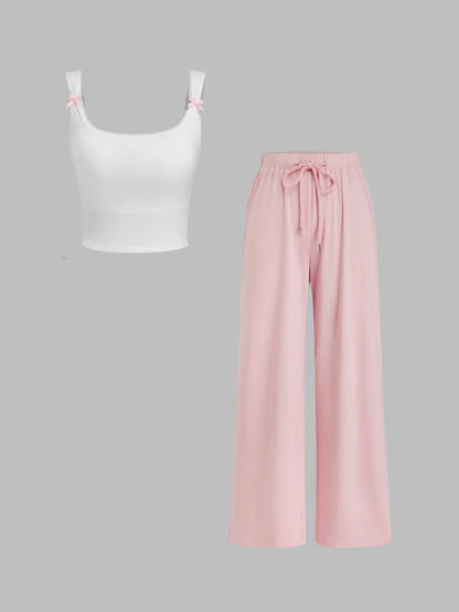 Neck Bowknot Lace Trim Crop Tank Top & Mid Rise Drawstring Wide Leg Trousers Loungewear Set