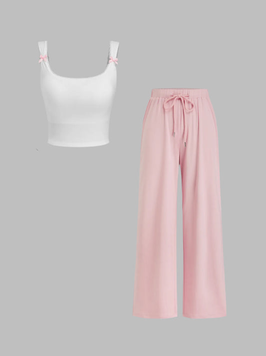 Neck Bowknot Lace Trim Crop Tank Top & Mid Rise Drawstring Wide Leg Trousers Loungewear Set