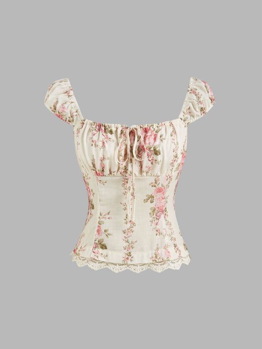 Floral Lace Trim Ruched Knotted Tank Top