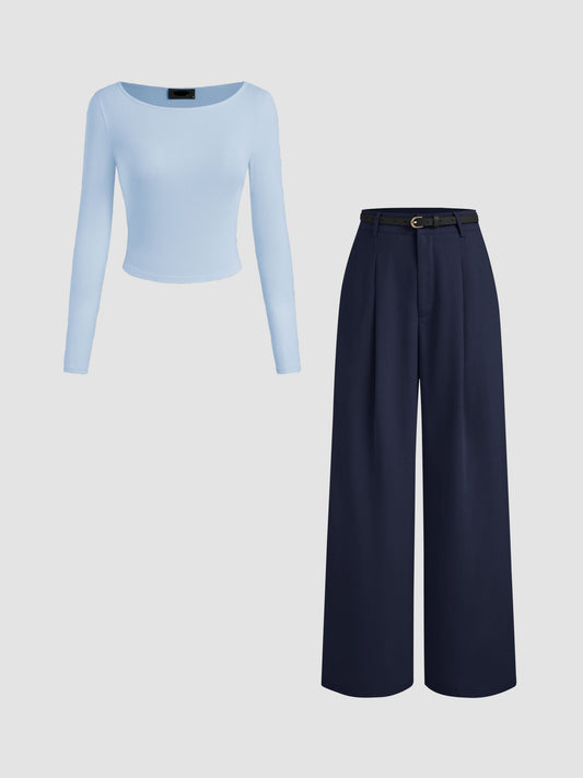 Set of 2-Sky Blue and Blue Top With High Rise Trouser