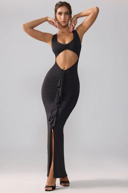 Slinky Jersey Cut Out Ruffle Racerback Maxi Dress