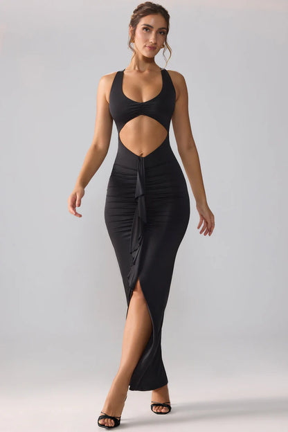 Slinky Jersey Cut Out Ruffle Racerback Maxi Dress