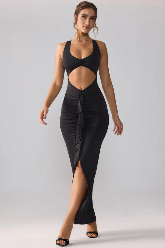 Slinky Jersey Cut Out Ruffle Racerback Maxi Dress