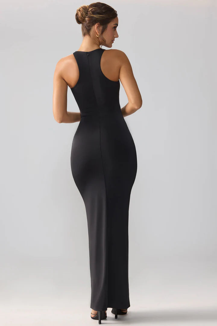 Slinky Jersey Cut Out Ruffle Racerback Maxi Dress