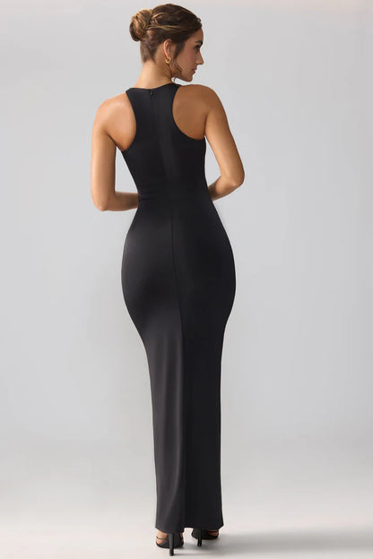 Slinky Jersey Cut Out Ruffle Racerback Maxi Dress