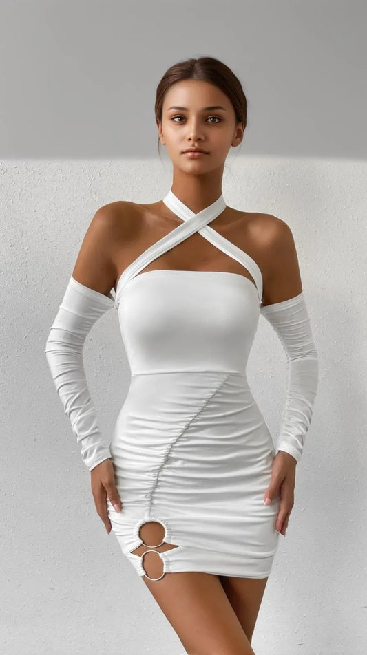 White Cut-Out Bodycon Dress With Ring Detail