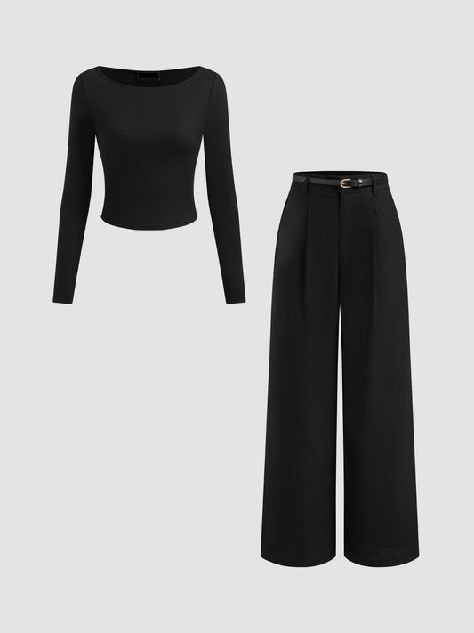 Set of 2-Black Top With High Rise Trouser