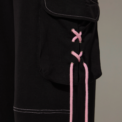 Black Contrast String Detailed Trousers