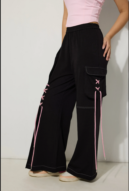 Black Contrast String Detailed Trousers
